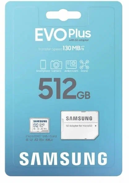 Карта памяти Samsung microSDXC 512 ГБ Class 10, V30, A2, UHS-I U3, R 130 МБ/с, адаптер на SD