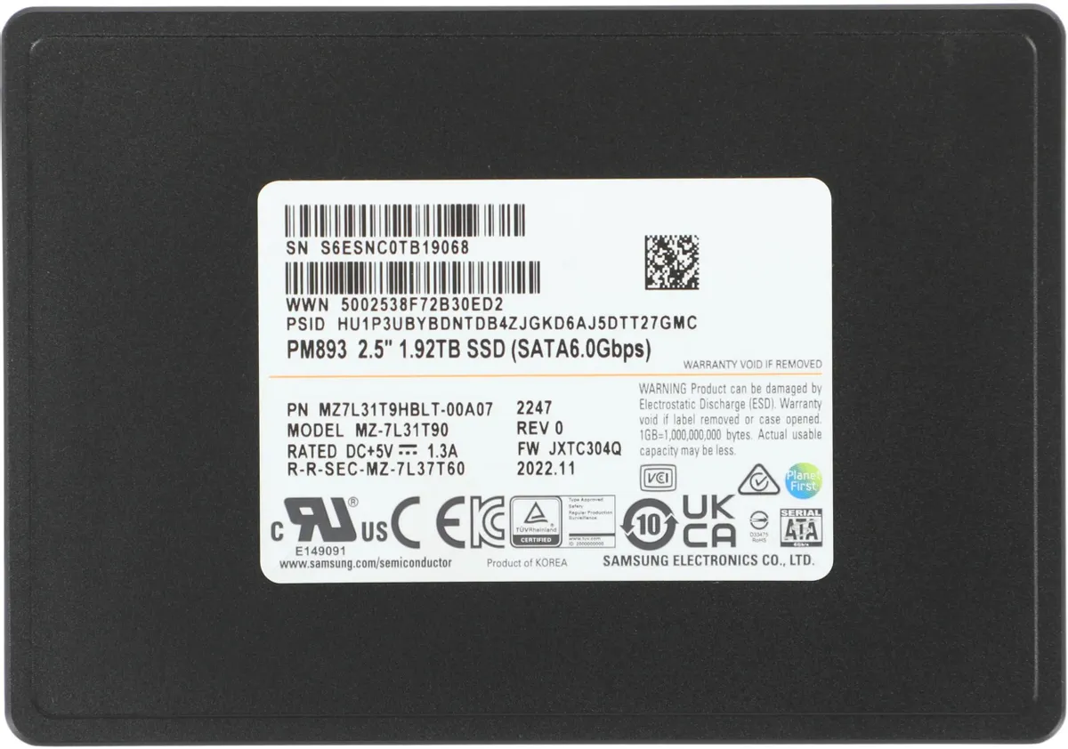 SSD накопитель Samsung PM893 MZ7L31T9HBLT-00A07 1.9ТБ, 2.5", SATA III, SATA, oem